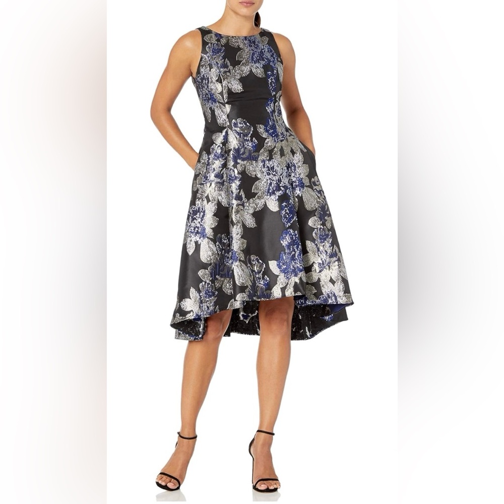 Adrianna Papell Black Floral Hi-Low Dress with Silver and Blue Metallic Print